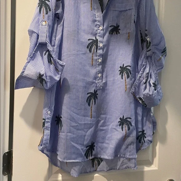 Violet Sky Overshirt Coverup Tunic Size S Blue White Stripes Tropical Vacation - Picture 2 of 13